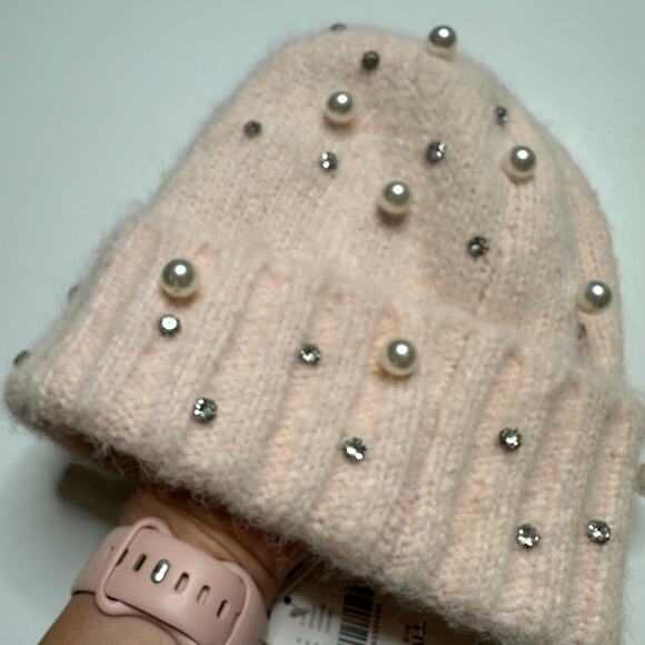 MAEVE ANTHROPOLOGIE Pink Embellished Rhinestone Pearl Cuffed Beanie Hat NWT - Picture 7 of 12
